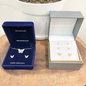 NWT silver butterfly, necklace, and earrings and gold butterfly bee earrings